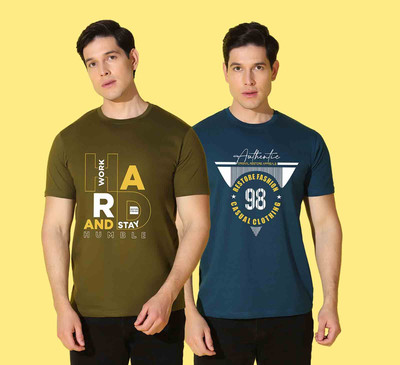 WOOSTRO Typography Men Round Neck Green, Blue T-Shirt