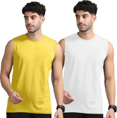 Moordale Solid Men Round Neck Yellow, White T-Shirt
