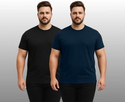 KART BLACK Solid Men Round Neck Black, Blue T-Shirt