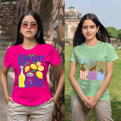 Kasendra Printed Women Round Neck Pink, Green T-Shirt