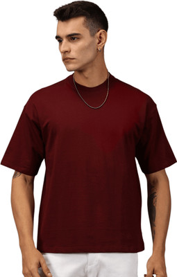 dout Solid Men Round Neck Maroon T-Shirt
