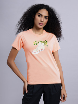 Converse Graphic Print Women Crew Neck Orange T-Shirt