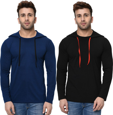 Tresna Trending Self Design, Solid Men Hooded Neck Dark Blue, Black T-Shirt