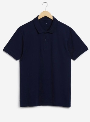 NOOLAR Solid Men Polo Neck Navy Blue T-Shirt