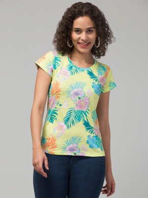 Hive91 Printed Women Round Neck Yellow, Green T-Shirt