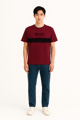 Clever Fox Solid, Printed Men Round Neck Maroon T-Shirt