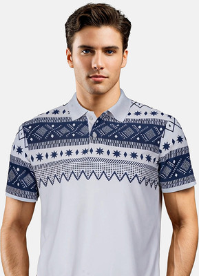 SINDHIGARMENT Printed Men Polo Neck White T-Shirt