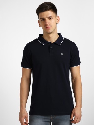 Urbano Fashion Solid Men Polo Neck Navy Blue T-Shirt