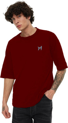 mebadass Solid Men Round Neck Maroon T-Shirt
