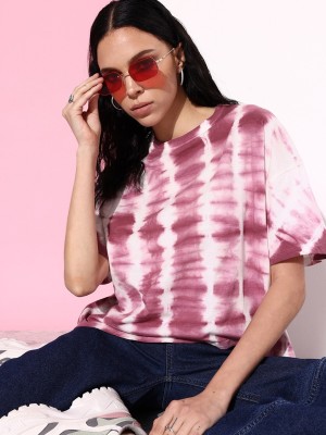 Roadster Printed Women Round Neck Pink T-Shirt