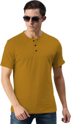 LazyChunks Solid Men Henley Neck Yellow T-Shirt