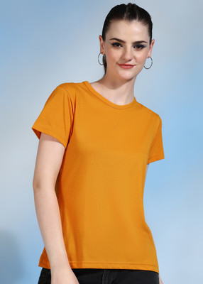 Moda Rapido Solid Women Round Neck Yellow T-Shirt