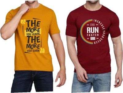 WOOSTRO Typography Men Round Neck Maroon, Yellow T-Shirt