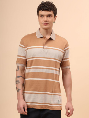 CANTABIL Striped Men Polo Neck Beige T-Shirt
