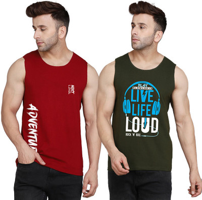SLOWLORIS Printed, Colorblock Men Round Neck Dark Green, Maroon T-Shirt
