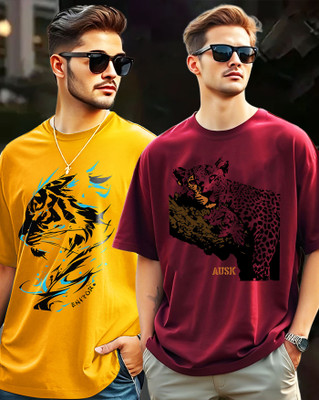 AUSK Printed Men Round Neck Yellow, Maroon T-Shirt
