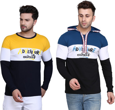 SLOWLORIS Printed Men Hooded Neck Yellow, Dark Blue T-Shirt
