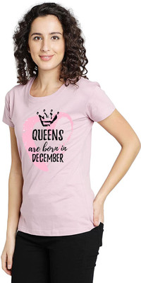 I KING Printed, Typography Women Round Neck Pink T-Shirt