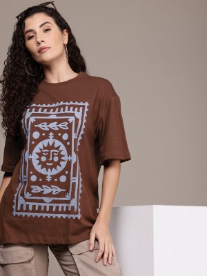 Roadster Printed Women Round Neck Brown T-Shirt