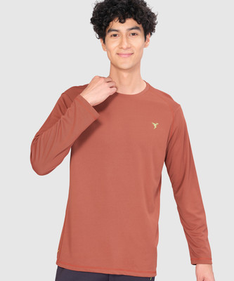 TECHNOSPORT Solid Men Round Neck Brown, Orange T-Shirt