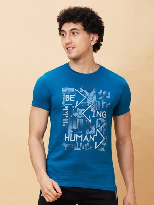 BEING HUMAN Printed, Typography Men Round Neck Blue T-Shirt