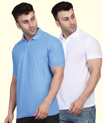 INKKR Solid Men Polo Neck White, Blue T-Shirt