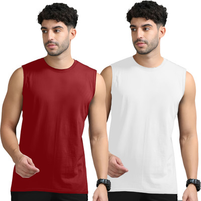 Adorbs Solid Men Round Neck Maroon, White T-Shirt