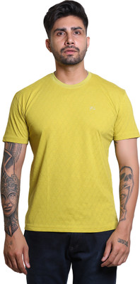 DeerHead Solid Men Round Neck Yellow T-Shirt