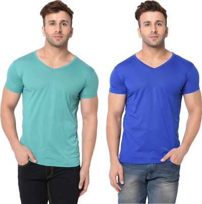 Tresna Fab Solid Men V Neck Blue, Light Green T-Shirt