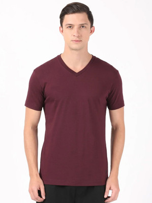 JOCKEY Solid Men V Neck Maroon T-Shirt