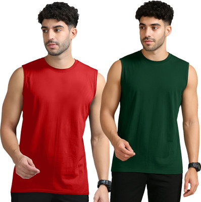Adorbs Solid Men Round Neck Red, Dark Green T-Shirt