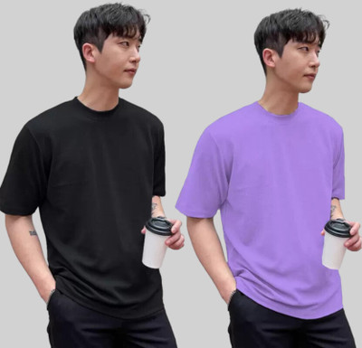 HouseOfCommon Solid Men Round Neck Black, Purple T-Shirt