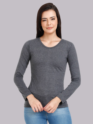 Fleximaa Solid Women Round Neck Grey T-Shirt