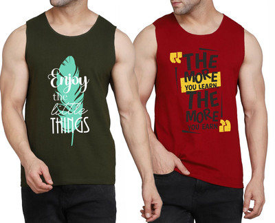 WOOSTRO Printed Men Round Neck Dark Green, Maroon T-Shirt