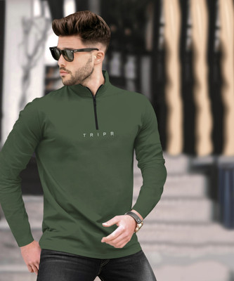 TRIPR Solid Men Henley Neck Dark Green T-Shirt