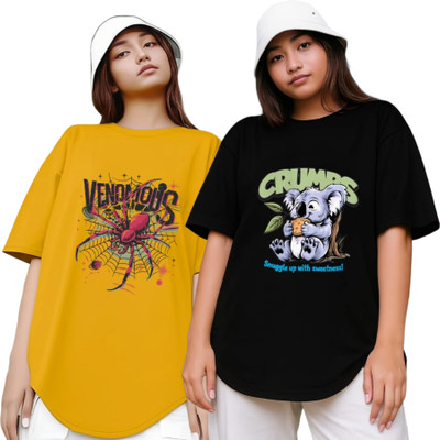 R S Fashion Printed Women Round Neck Yellow, Black T-Shirt