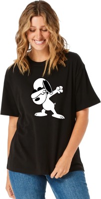 joy&happiness Cartoon Women Round Neck Black T-Shirt