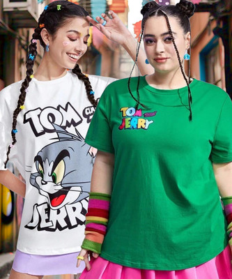 TOM AND JERRY by DreamBe Printed Women Round Neck Multicolor T-Shirt