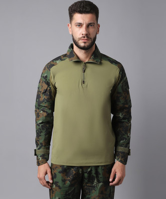 MOUNTMILLER Military Camouflage Men Zip Neck Dark Green T-Shirt