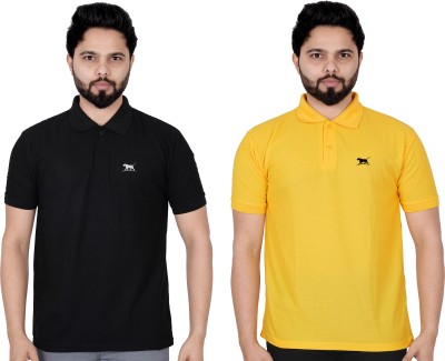 La Milano Solid Men Polo Neck Yellow, Black T-Shirt