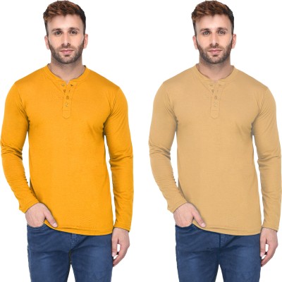 Adorbs Solid Men Henley Neck Yellow, Beige T-Shirt