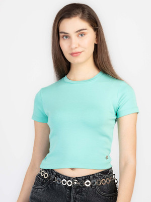 Status Quo Solid Women Round Neck Blue T-Shirt