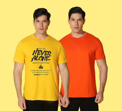 WOOSTRO Printed, Solid Men Round Neck Orange, Yellow T-Shirt