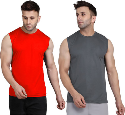 UDI n ADI Solid Men Round Neck Red, Grey T-Shirt