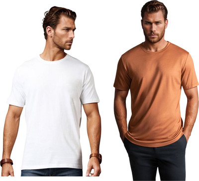 BlueFicus Solid Men Round Neck White, Brown T-Shirt