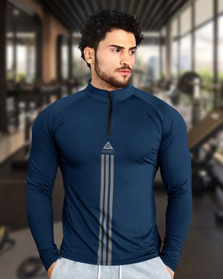 SCOWET Striped Men High Neck Navy Blue T-Shirt