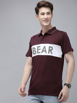 THE BEAR HOUSE Printed Men Polo Neck Maroon T-Shirt