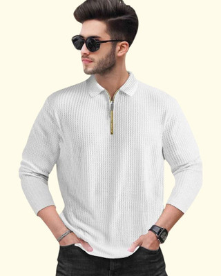 TELOXY Self Design Men Zip Neck White T-Shirt