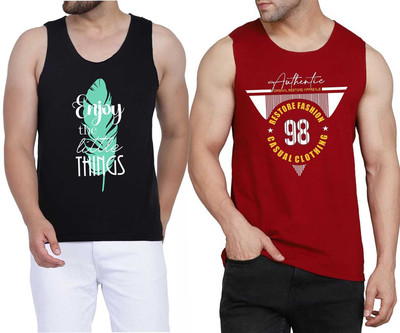 WOOSTRO Printed Men Scoop Neck Black, Maroon T-Shirt