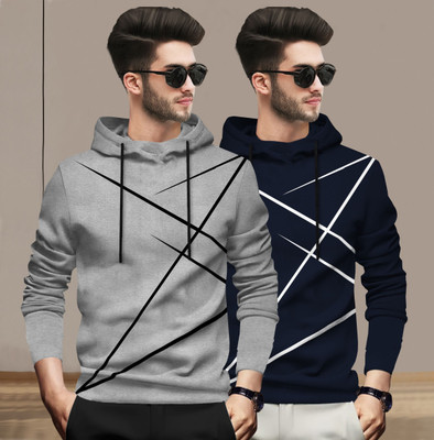 BLIVE Printed Men Hooded Neck Grey, Navy Blue T-Shirt
